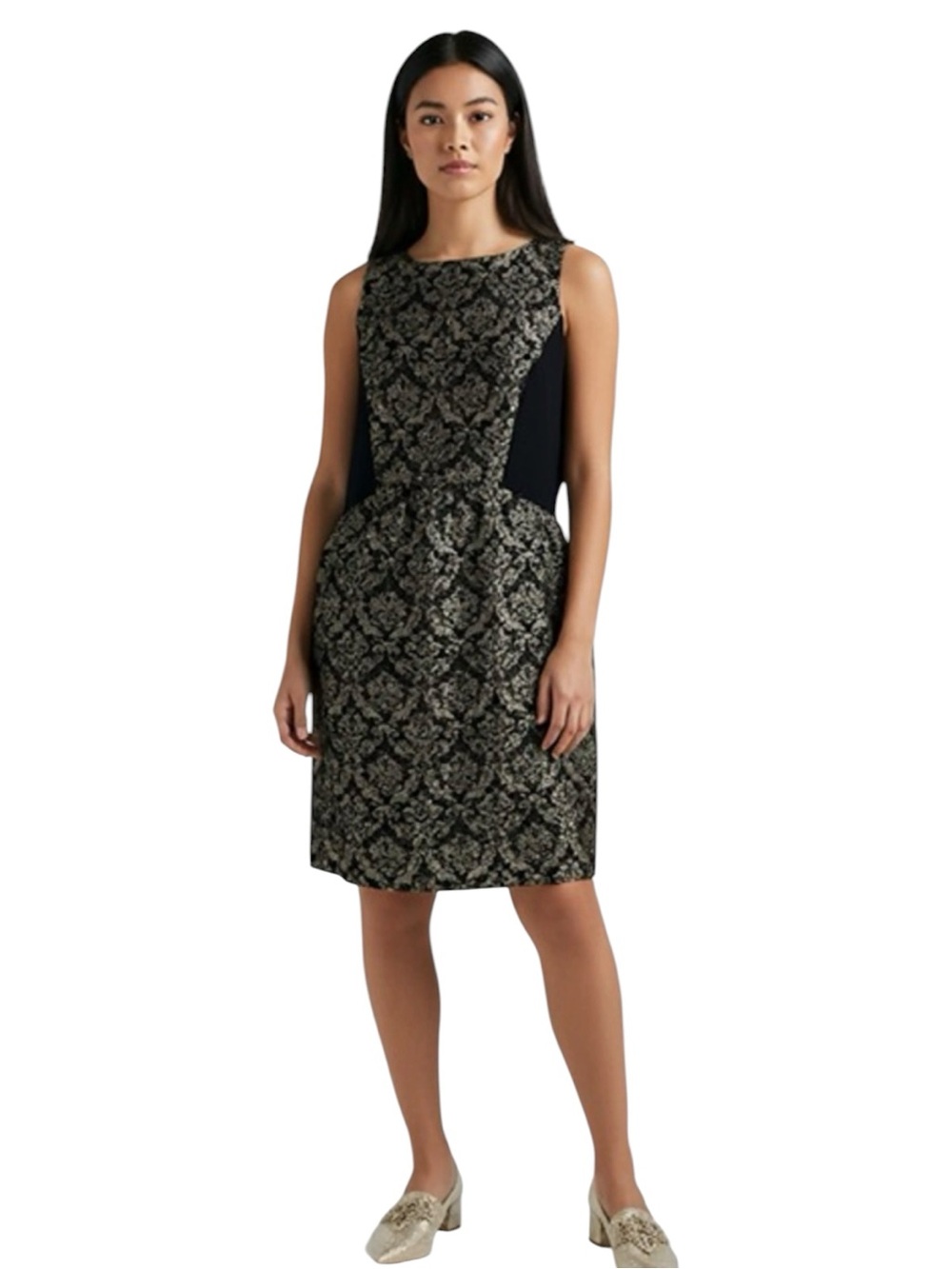 LOFT Sleeveless Black and Gold Jacquard Sheath Dress Size 8